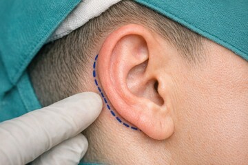 Naklejka premium A doctor examining and treating an ear infection with a blue tape, useful for medical or healthcare contexts