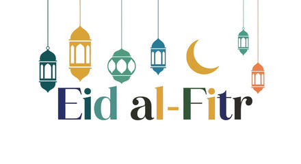 Colorful Eid al-Fitr greeting with lanterns and crescent moon. © Hasanz
