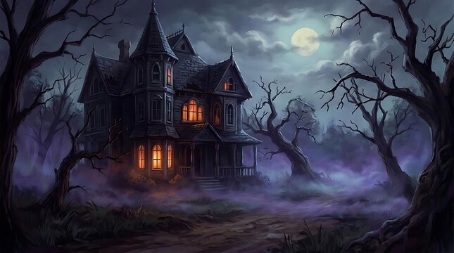 Spooky victorian mansion in foggy moonlight landscape