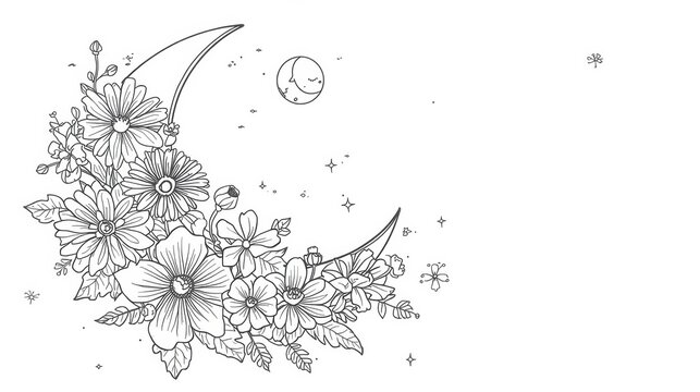 Crescent moon with beautiful flowers and small stars line art isolated on white background