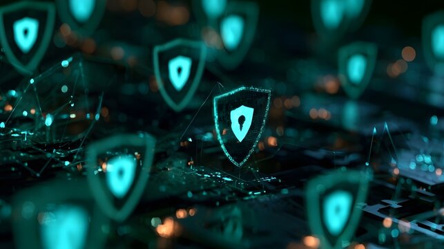 Digital shield icons glow with cyan light over intricate circuitry and glowing nodes in a futuristic tech environment