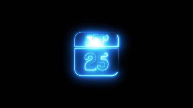 September 25 calendar date neon sign glowing blue animation