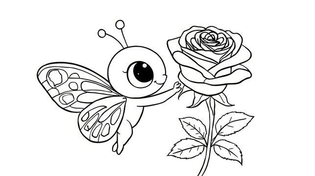 Cute cartoon butterfly touching a beautiful rose flower line art isolated on white background