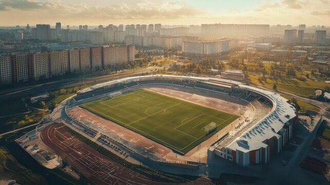 Minsk sports complex shows two soccer fields, seating. City buildings surround sports complex. Outdoor games area. Public parkland. Modern architecture. Designed for sports, recreation. Belarusian