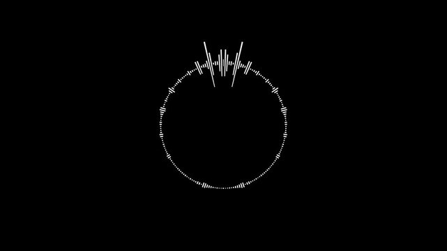 Minimal white audio waveform circle animation with  frequency motion, digital sound analyzer and futuristic equalizer graphics on black screen background. 4k