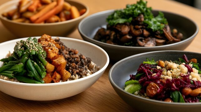 Four bowls of colorful vegetarian grain salads featuring green beans  mushrooms  lentils  and red cabbage on a wooden table