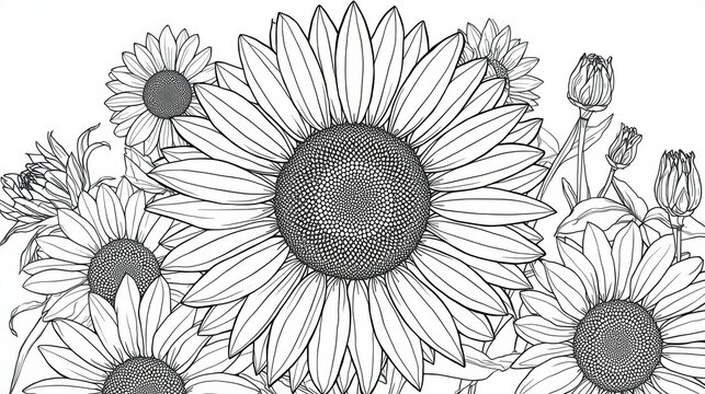 Black and white hand drawn sunflower bouquet illustration isolated on white background