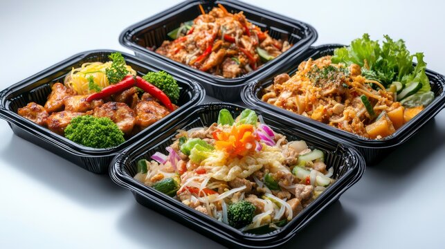 Variety of modern Thai food portions in black plastic take-away containers. Healthy meal solutions for lunch dinner. Food looks fresh, ready to eat. Image suitable for food delivery services catering