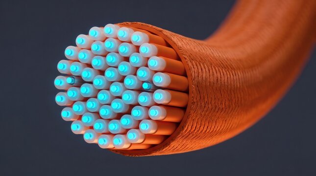 Close up of fiber optic cable bundle with glowing cyan light cores and orange protective sheath for high speed internet data transmission