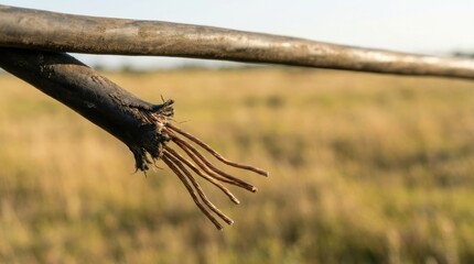 Fototapeta premium Close up of a damaged electrical cable with exposed copper wires against a blurred landscape