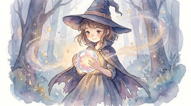 Young wizard holding glowing orb in enchanted forest setting