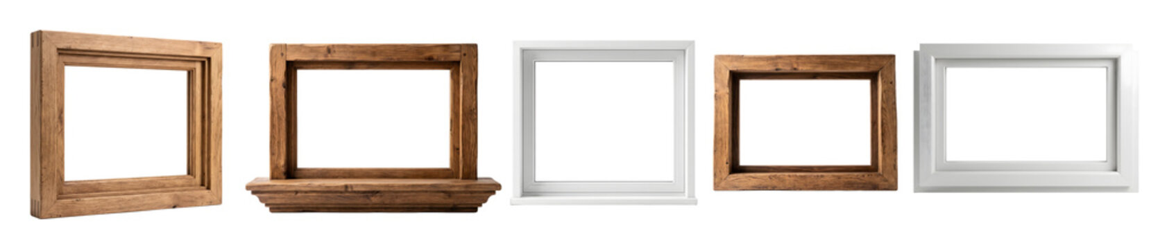 Realistic wooden window frame, empty window opening, classic rectangular frame design, isolated object