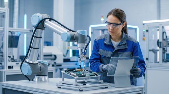 Engineer programming collaborative robotic arm for electronics assembly in smart factory, industrial automation, manufacturing technology and industry 4.0 production line concept