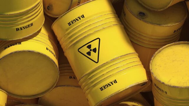 A pile of yellow metal barrels with nuclear waste and radioactive materials, Industrial environmental issue concept.