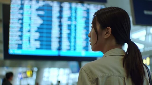 Woman looking at departure board in airport terminal