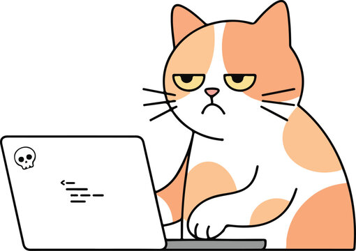 Cute grumpy orange cat working as software developer coding on laptop vector illustration featuring funny tired programmer pet for tech design