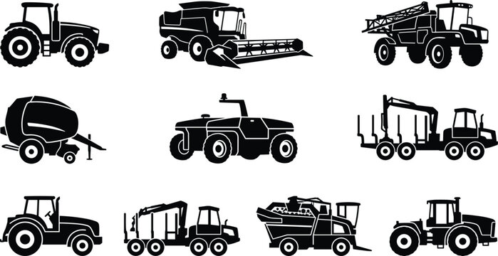 Agricultural machinery silhouettes vector set featuring tractors combine harvesters and modern smart farming equipment