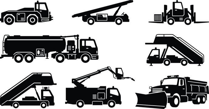 Airport ground support equipment silhouettes set including fuel tanker passenger stairs tug and snow plow