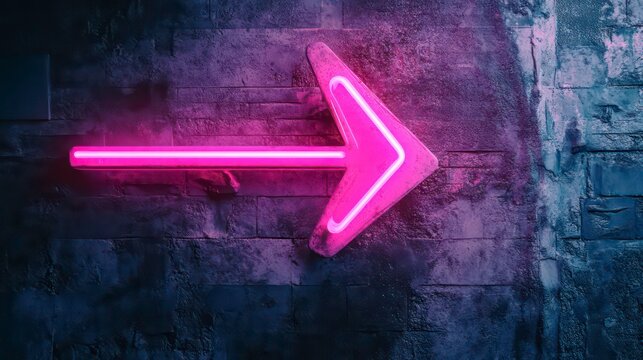 Neon pink arrow points upwards against dark textured background. Bright vibrant light creates contrast. Modern design element for urban nightlife settings. Stylish graphic art piece. Illuminated sign