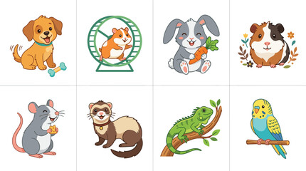 Obraz premium Cute domestic pets and small animals cartoon vector illustration set isolated on white background