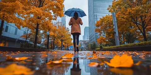 Naklejka premium Woman Walking With An Umbrella Through Typical City Street During A Rain During The Autumn Weather