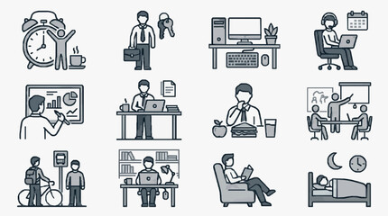 Fototapeta premium Modern Black and White Line Set Showcasing Daily Work Life Balance Activities and Office Scenes