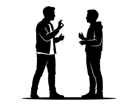Two Men Having Animated Discussion or Sign Language Conversation Black Silhouette for Communications Graphic
