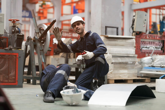 Accident occurred at the factory. Factory worker accident in factory. Industrial accident concept. Health safe of work and safety first concept