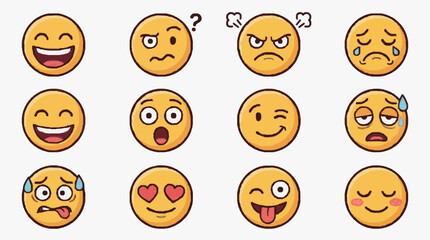 Fototapeta premium Modern Collection of 12 Vibrant Emoticon Faces with Expressive Eyes and Mouths in Orange Yellow Color Palette