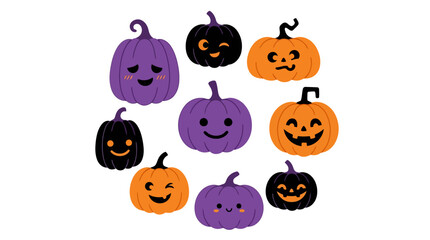 Fototapeta premium Circular arrangement of happy jack o lantern pumpkins in purple and orange tones featuring friendly expressions for greeting cards social media posts 