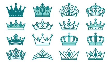 Collection of 16 teal crown icons and tiara illustrations featuring geometric, ornate filigree, and minimalist line art designs isolated on a white background for royal branding. © ROUDLOTUTTHULLAB