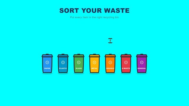 Colorful recycling bins animation showing essential waste sorting categories for environmental sustainability in this bright digital motion graphic video clip