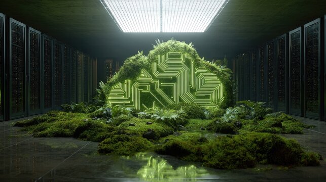 Abstract computer cloud design with green moss and circuit board elements
