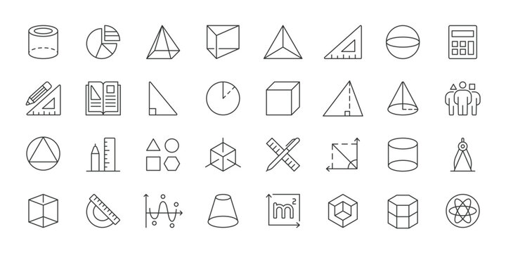 Geometry education icons in line design. geometry, math, shapes, ruler, compass, cube, calculator on white background vector. Geometry education editable stroke icons