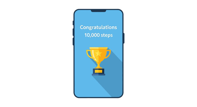 Fitness App Illustration on Smartphone Screen Congratulating 10,000 Steps Goal with Golden Trophy Icon