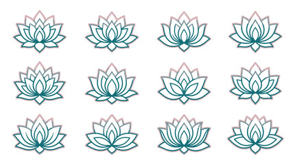 Fototapeta premium Set of twelve stylized teal lotus flower icons with pink gradient outlines in a grid pattern on white background for wellness, yoga, spa, and beauty brand identity design.