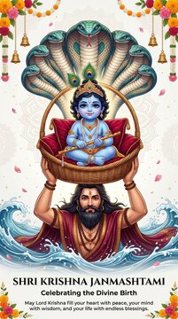 Divine baby krishna carried by vasudeva through river waters during janmashtami celebration featuring traditional floral decorations and sacred seven headed serpent guardian for spiritual blessings