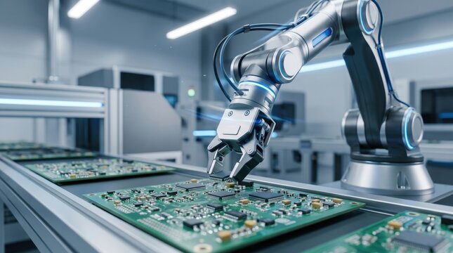 Precision robotic arm assembling microchips on circuit board in high-tech electronics manufacturing facility