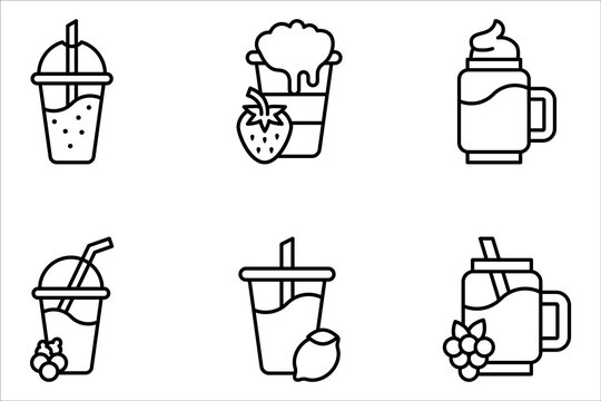 Smoothie icons set. Outline of smoothie icons for web design, vector illustration on white background