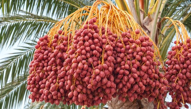 Fresh red date palm fruits hanging from the tree in a sunny tropical orchard