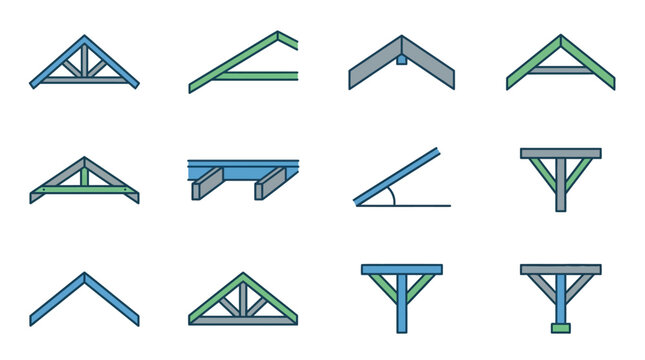 Elegant Collection of Modern Roof Truss Designs with Blue and Green Structural Beams in Various Architectural Styles