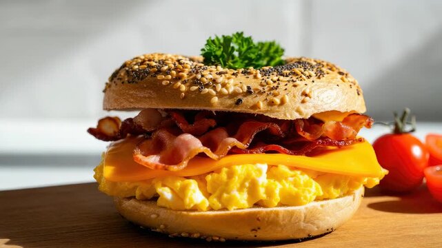 Toasted sesame bagel filled with scrambled eggs, cheddar cheese and crispy bacon, styled with parsley and cherry tomatoes on a wooden board