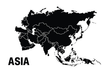 Detailed black silhouette map of asia continent on white background with silhouette continent geography countries isolated cartography environment exploration territory © Romzain