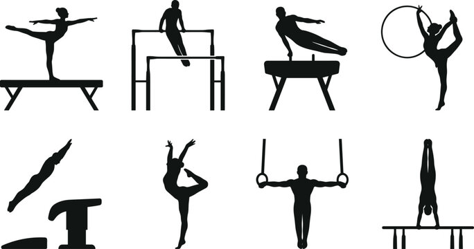 Gymnastics Athlete Silhouette Collection Featuring Artistic, Rhythmic, and Apparatus Performance Poses for Vector Design