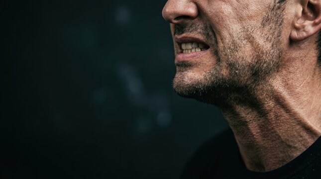 Extreme close up of a man's face expressing anger and frustration showing clenched teeth and tense neck muscles