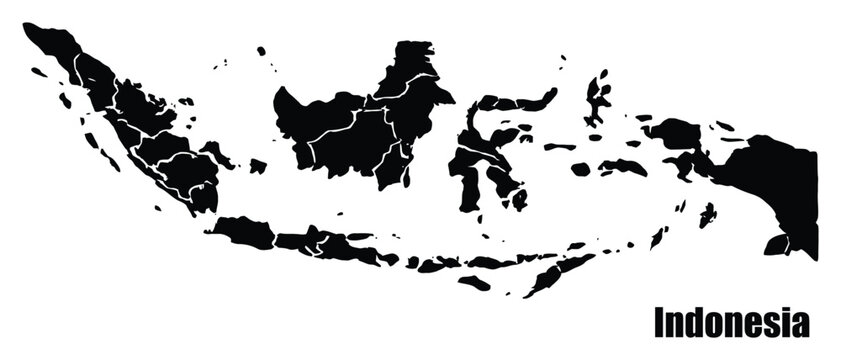 Black silhouette map of indonesia showing islands and administrative borders with indonesia silhouette archipelago geography provinces districts territory cartography isolated