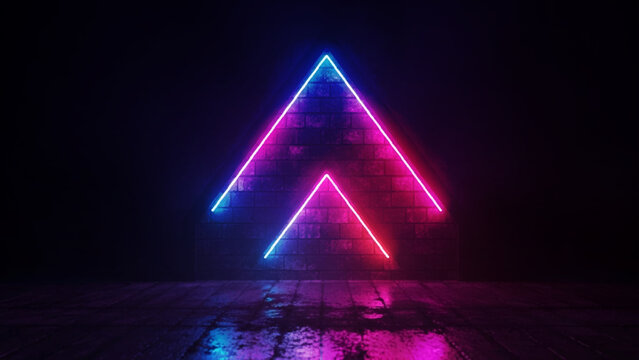 Glowing neon triangle shapes in blue and magenta light, positioned against a dark textured brick wall above a reflective wet floor surface