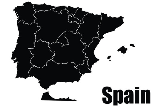 Black silhouette map of spain with internal administrative regional borders silhouette geography cartography territory location illustration isolated political continental