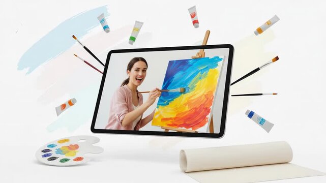 Smiling young woman shown on central tablet screen actively painting bold blue, yellow, orange, red strokes on canvas mounted on small wooden easel, brush moving through thick wet paint