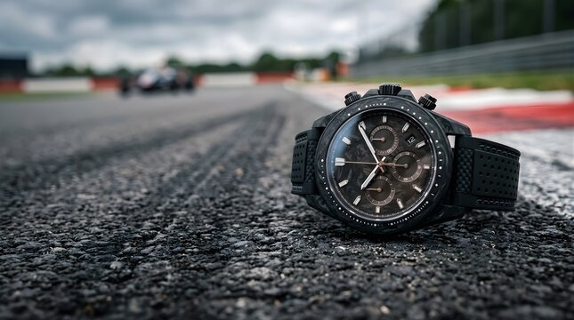 Professional carbon fiber chronograph watch sitting on a racetrack surface